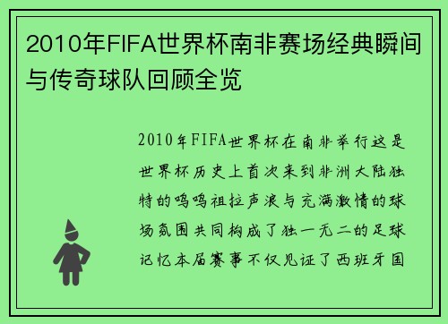 2010年FIFA世界杯南非赛场经典瞬间与传奇球队回顾全览